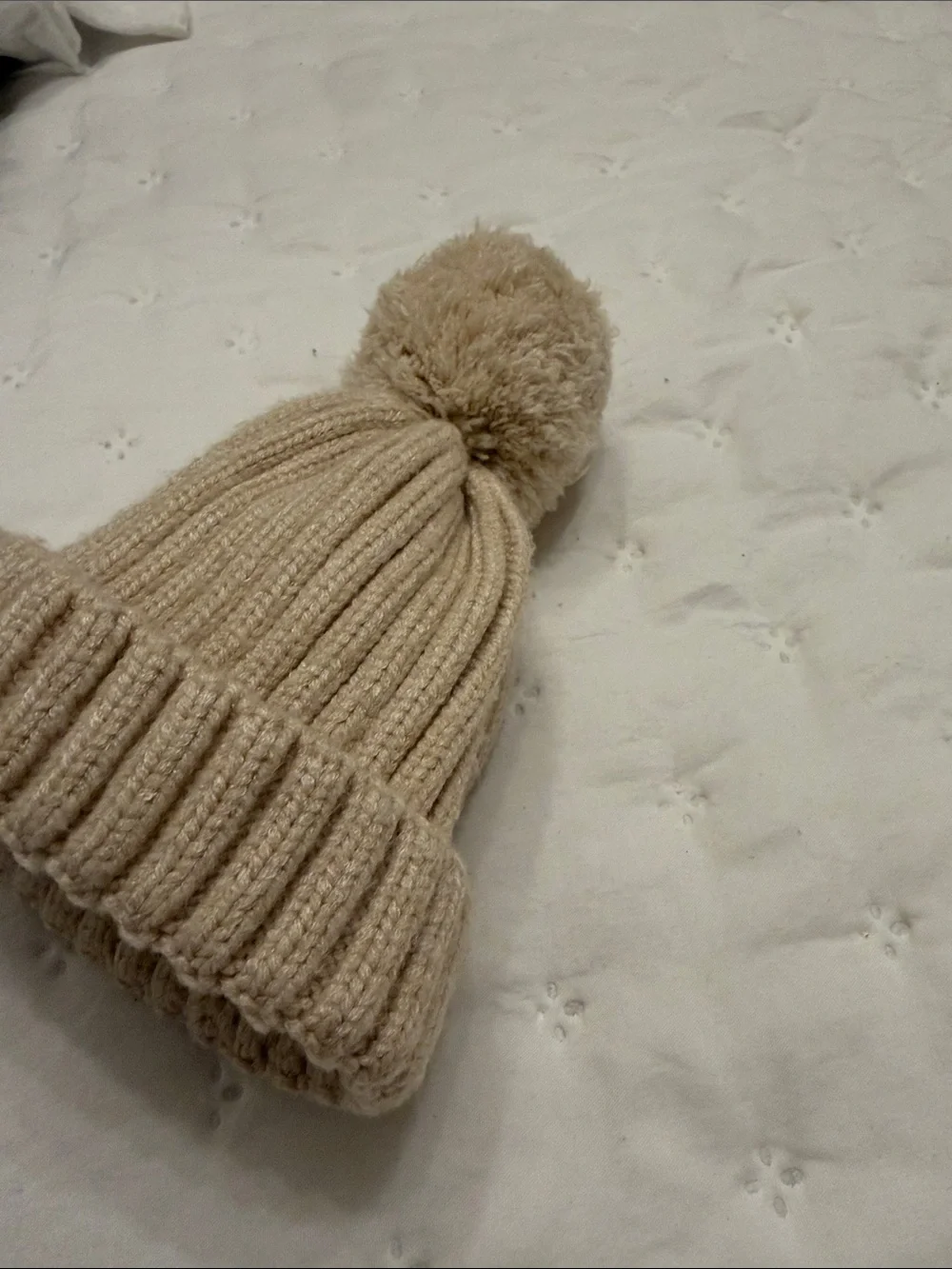 Kids Beige Pom-Pom Knit Beanie Hat